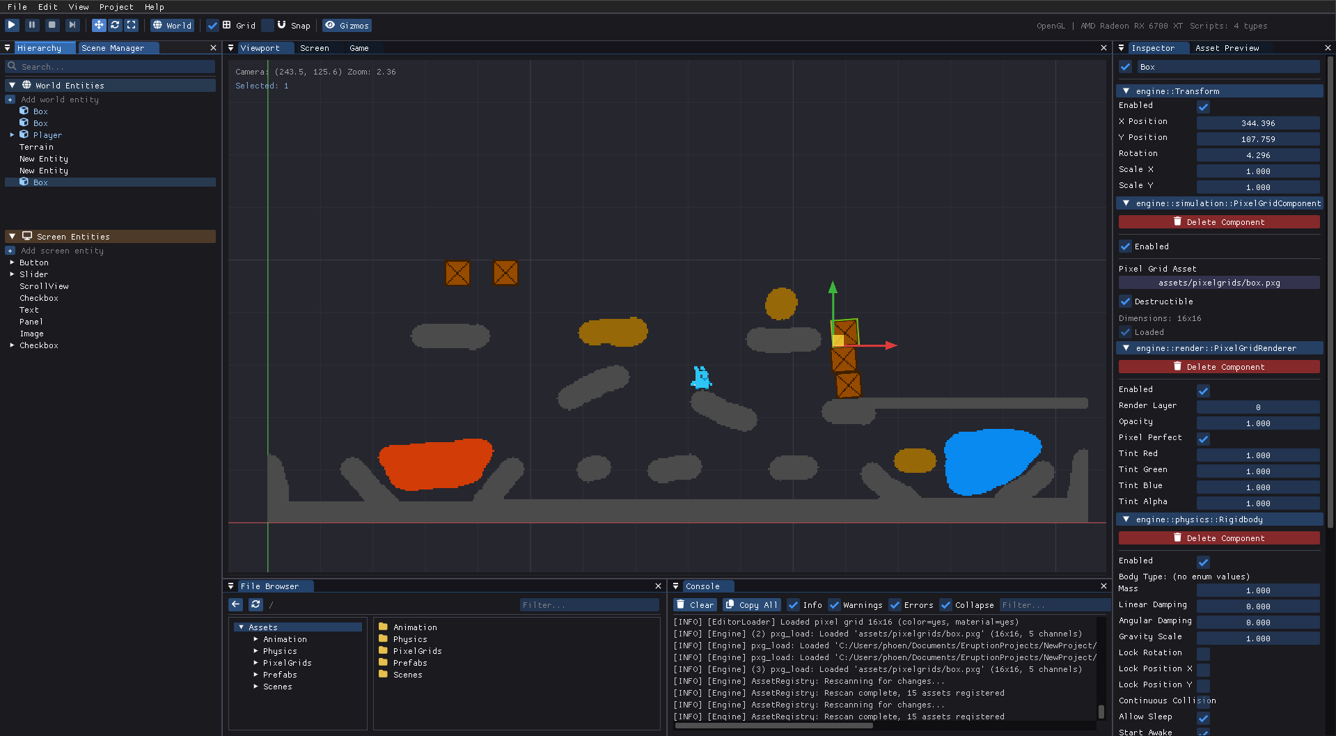 The Eruption editor interface: a scene in the central viewport surrounded by docked panels for the scene hierarchy, inspector, console and file explorer